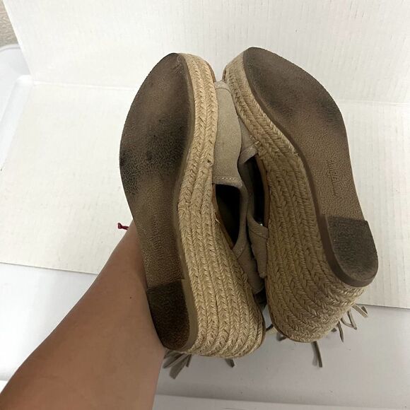 Minnetonka Blaire Fringe Suede Leather Open-Toe Wedge Espadrilles Stone Size 9 - Picture 9 of 9